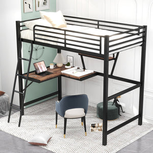 English Elm Twin Loft Metal & MDF Bed with Desk and Shelf, Black — Space-Saving Study Bunk with Guardrail, Ladder GX001105AAB