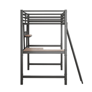 English Elm Twin Loft Metal & MDF Bed with Desk and Shelf, Black — Space-Saving Study Bunk with Guardrail, Ladder GX001105AAB