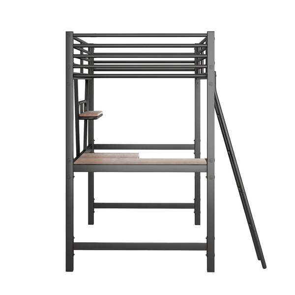 English Elm Twin Loft Metal & MDF Bed with Desk and Shelf, Black — Space-Saving Study Bunk with Guardrail, Ladder GX001105AAB