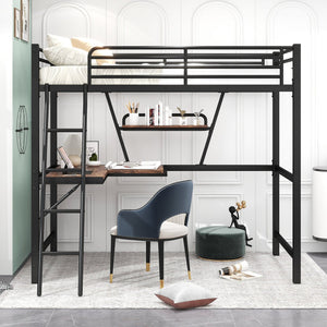English Elm Twin Loft Metal & MDF Bed with Desk and Shelf, Black — Space-Saving Study Bunk with Guardrail, Ladder GX001105AAB