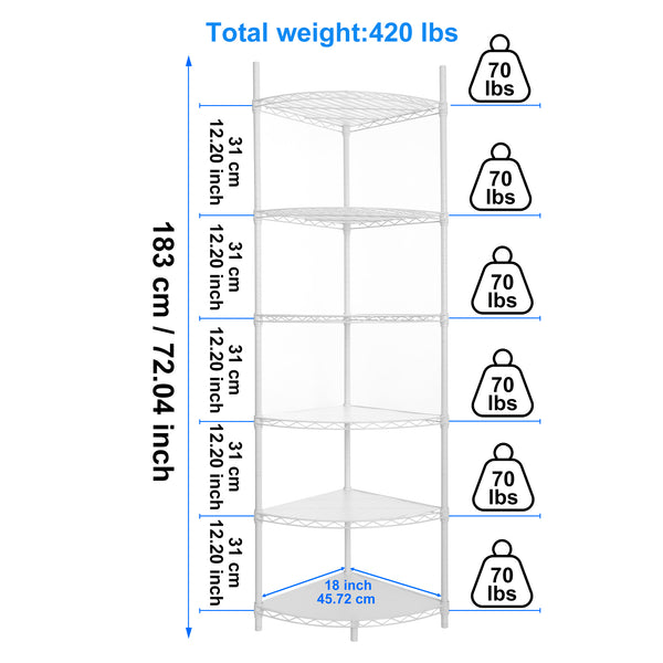 English Elm 6 6-Tier Corner Wire Shelf Rack - Heavy-Duty Adjustable Triangular Storage with Waterproof Liners, NSF Certified, 420lb Capacity White W155065920