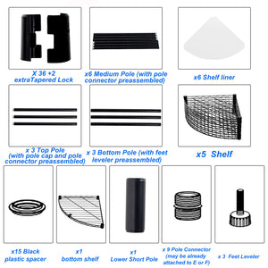 English Elm 6 6-Tier Corner Wire Shelf Rack - Heavy-Duty Adjustable Triangular Storage with Waterproof Liners, NSF Certified, 420lb Capacity Black W155065919