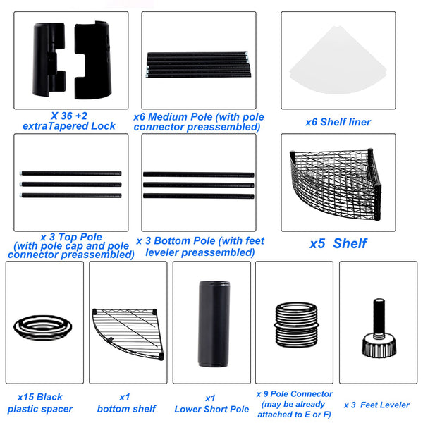 English Elm 6 6-Tier Corner Wire Shelf Rack - Heavy-Duty Adjustable Triangular Storage with Waterproof Liners, NSF Certified, 420lb Capacity Black W155065919