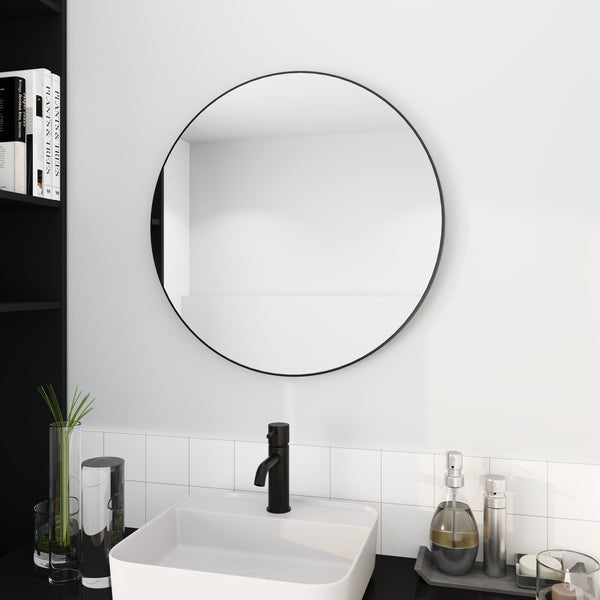 English Elm 24" Large Round Mirror with Black Aluminum Frame, 4mm HD Glass, Copper-Free, Durable Wall-Mountable Decor W99973170