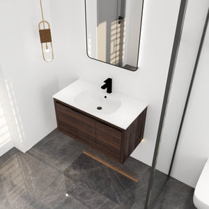 English Elm 36 Inch Floating Bathroom Vanity with Gel Basin, Soft-Close Doors & Drawers, Water-Resistant Plywood W99968127