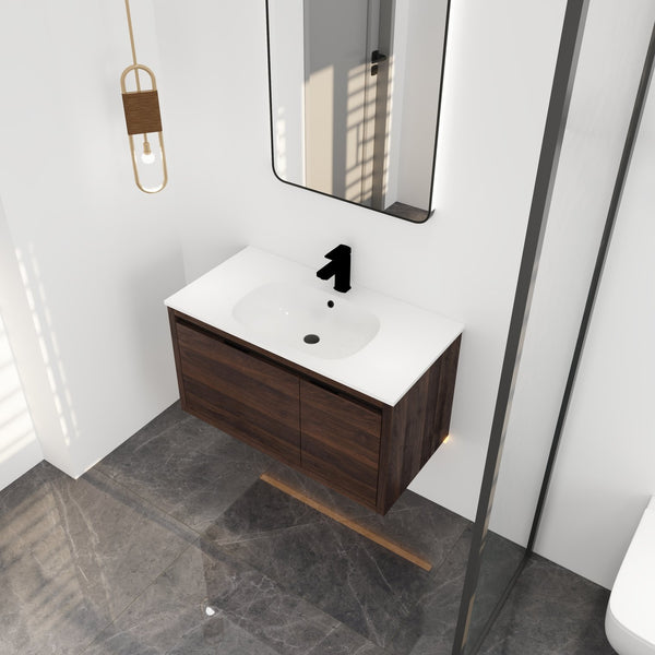 English Elm 36 Inch Floating Bathroom Vanity with Gel Basin, Soft-Close Doors & Drawers, Water-Resistant Plywood W99968127