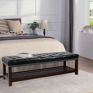 English Elm Wooden Frame Tufted Pu Leather Bench with Brass Nail Trim for Entryway or Bedroom W68053160