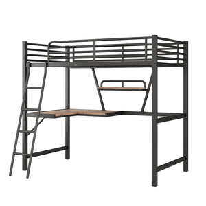 English Elm Twin Loft Metal & MDF Bed with Desk and Shelf, Black — Space-Saving Study Bunk with Guardrail, Ladder GX001105AAB