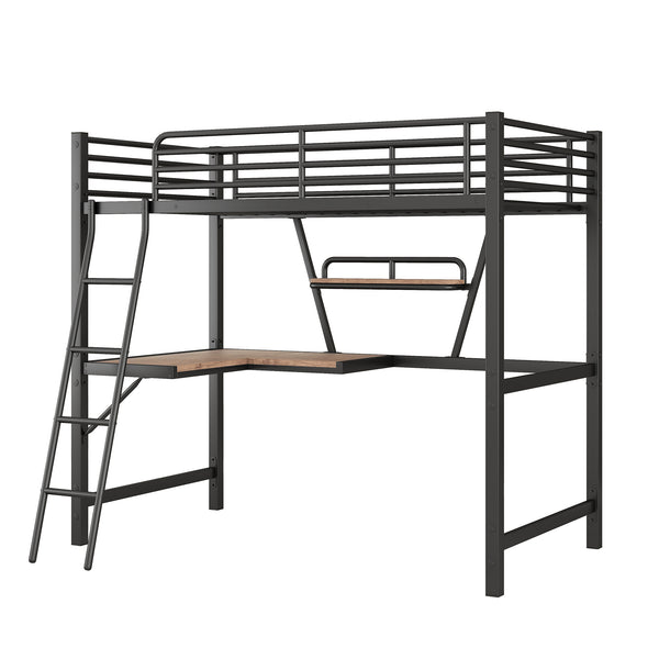 English Elm Twin Loft Metal & MDF Bed with Desk and Shelf, Black — Space-Saving Study Bunk with Guardrail, Ladder GX001105AAB