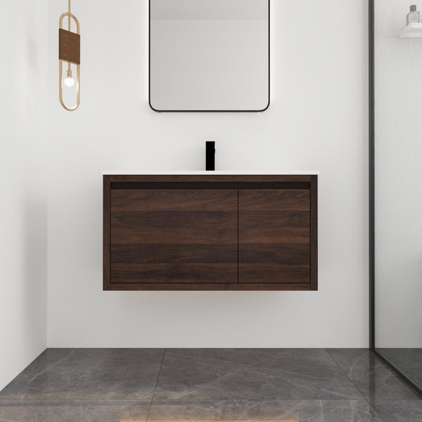 English Elm 36 Inch Floating Bathroom Vanity with Gel Basin, Soft-Close Doors & Drawers, Water-Resistant Plywood W99968127