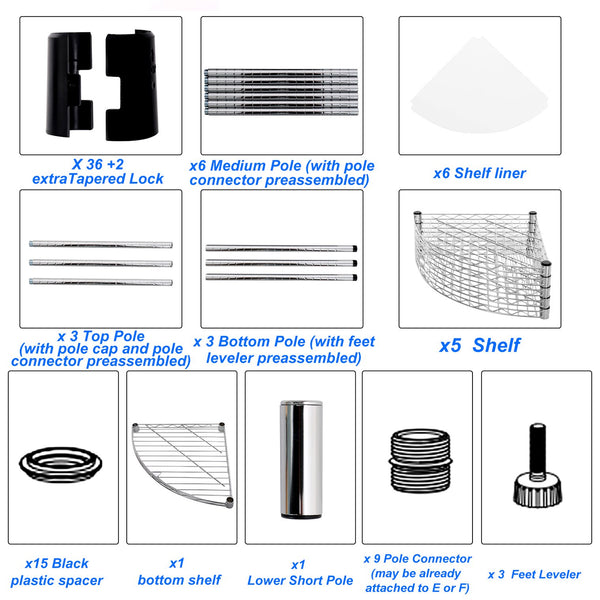 English Elm 6 6-Tier Corner Wire Shelf Rack - Heavy-Duty Adjustable Triangular Storage with Waterproof Liners, NSF Certified, 420lb Capacity Chrome W155065918