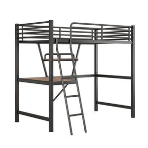 English Elm Twin Loft Metal & MDF Bed with Desk and Shelf, Black — Space-Saving Study Bunk with Guardrail, Ladder GX001105AAB