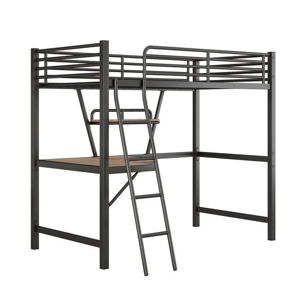 English Elm Twin Loft Metal & MDF Bed with Desk and Shelf, Black — Space-Saving Study Bunk with Guardrail, Ladder GX001105AAB