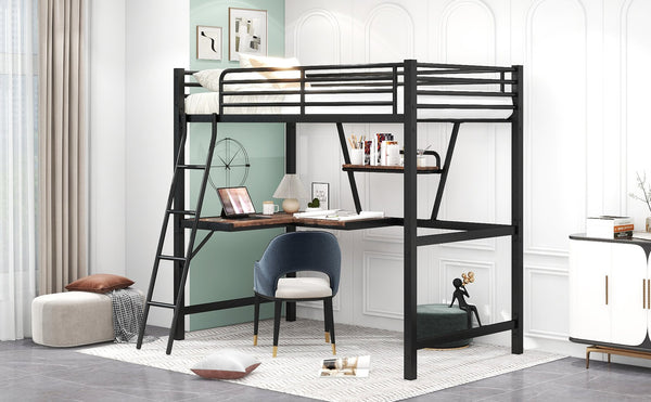English Elm Twin Loft Metal & MDF Bed with Desk and Shelf, Black — Space-Saving Study Bunk with Guardrail, Ladder GX001105AAB