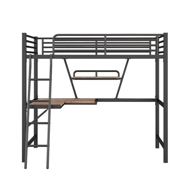 English Elm Twin Loft Metal & MDF Bed with Desk and Shelf, Black — Space-Saving Study Bunk with Guardrail, Ladder GX001105AAB