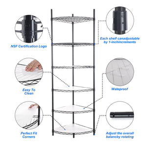 English Elm 6 6-Tier Corner Wire Shelf Rack - Heavy-Duty Adjustable Triangular Storage with Waterproof Liners, NSF Certified, 420lb Capacity Black W155065919