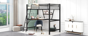 English Elm Twin Loft Metal & MDF Bed with Desk and Shelf, Black — Space-Saving Study Bunk with Guardrail, Ladder GX001105AAB