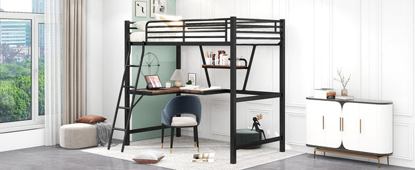 English Elm Twin Loft Metal & MDF Bed with Desk and Shelf, Black — Space-Saving Study Bunk with Guardrail, Ladder GX001105AAB