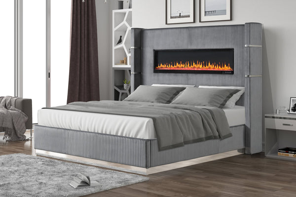 English Elm Lizelle King Bed Gray Velvet with Ambient Fireplace Display, USB, Bluetooth Speakers, Remote Control G150108994