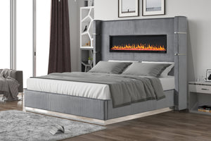 English Elm Lizelle King Bed Gray Velvet with Ambient LED Fireplace, Bluetooth Speakers, USB Ports, Modern Luxe B00977486