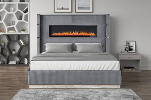 English Elm LIZELLE Queen 4PC Bedroom Set with Ambient Fireplace Display, USB Bluetooth Speakers, Velvet Finish B009S02102