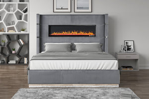 English Elm Lizelle King Bed Gray Velvet with Ambient Fireplace Display, USB, Bluetooth Speakers, Remote Control G150108994
