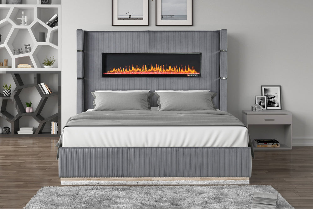 English Elm Lizelle King Bed Gray Velvet with Ambient LED Fireplace, Bluetooth Speakers, USB Ports, Modern Luxe B00977486