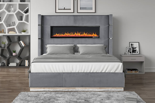 English Elm Lizelle King Bed Gray Velvet with Ambient LED Fireplace, Bluetooth Speakers, USB Ports, Modern Luxe B00977486