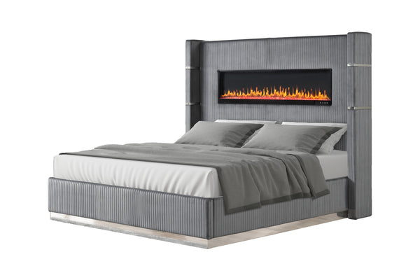 English Elm LIZZELLE King 5PC Bedroom Set with Velvet Upholstery, LED Fireplace Display, USB Bluetooth Speakers B009S01233