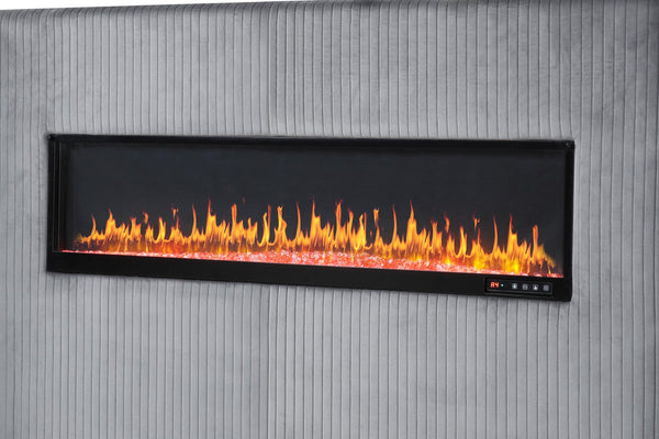 English Elm Lizelle King Bed Gray Velvet with Ambient LED Fireplace, Bluetooth Speakers, USB Ports, Modern Luxe B00977486