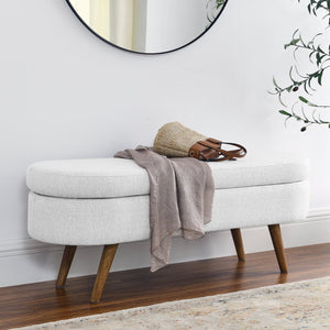 English Elm Ottoman Oval Pleated Linen Storage Bench with Rubberwood Legs for Bedroom Entryway W48764885