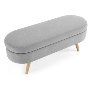 English Elm Ottoman Oval Lift Top Storage Bench Pleated Linen Upholstery Rubberwood Legs Bedroom W48764884
