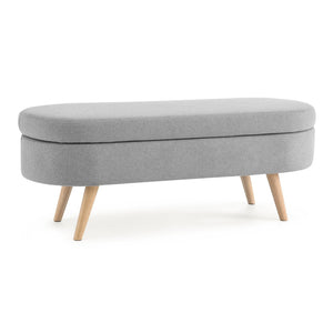 English Elm Ottoman Oval Lift Top Storage Bench Pleated Linen Upholstery Rubberwood Legs Bedroom W48764884