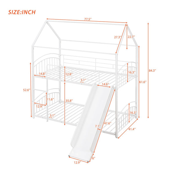 English Elm Twin Over Kids House Bunk Bed with Slide Powder Coated Metal Frame White MF313919AAK