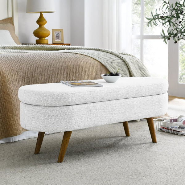 English Elm Ottoman Oval Pleated Linen Storage Bench with Rubberwood Legs for Bedroom Entryway W48764885