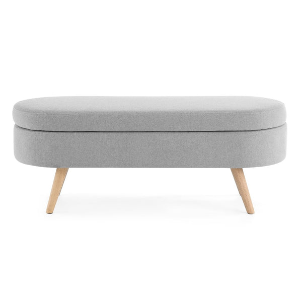 English Elm Ottoman Oval Lift Top Storage Bench Pleated Linen Upholstery Rubberwood Legs Bedroom W48764884