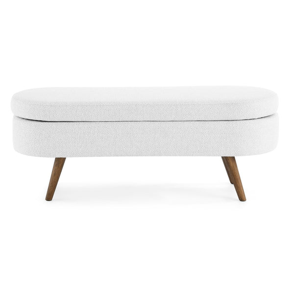English Elm Ottoman Oval Pleated Linen Storage Bench with Rubberwood Legs for Bedroom Entryway W48764885