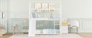 English Elm Twin Over Kids House Bunk Bed with Slide Powder Coated Metal Frame White MF313919AAK