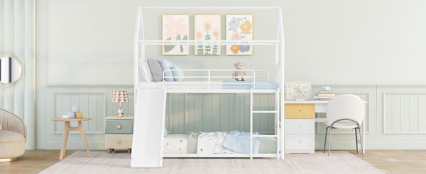 English Elm Twin Over Kids House Bunk Bed with Slide Powder Coated Metal Frame White MF313919AAK