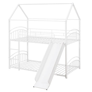 English Elm Twin Over Kids House Bunk Bed with Slide Powder Coated Metal Frame White MF313919AAK
