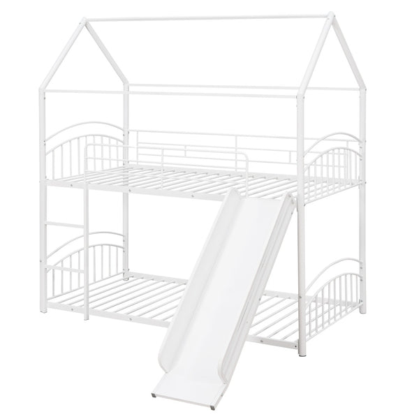 English Elm Twin Over Kids House Bunk Bed with Slide Powder Coated Metal Frame White MF313919AAK