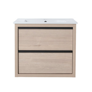 English Elm 24" Modern Bathroom Vanity With 2 Soft-Close Drawers, White Ceramic Basin & Storage Box Solution W999S00071