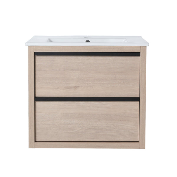 English Elm 24" Modern Bathroom Vanity With 2 Soft-Close Drawers, White Ceramic Basin & Storage Box Solution W999S00071
