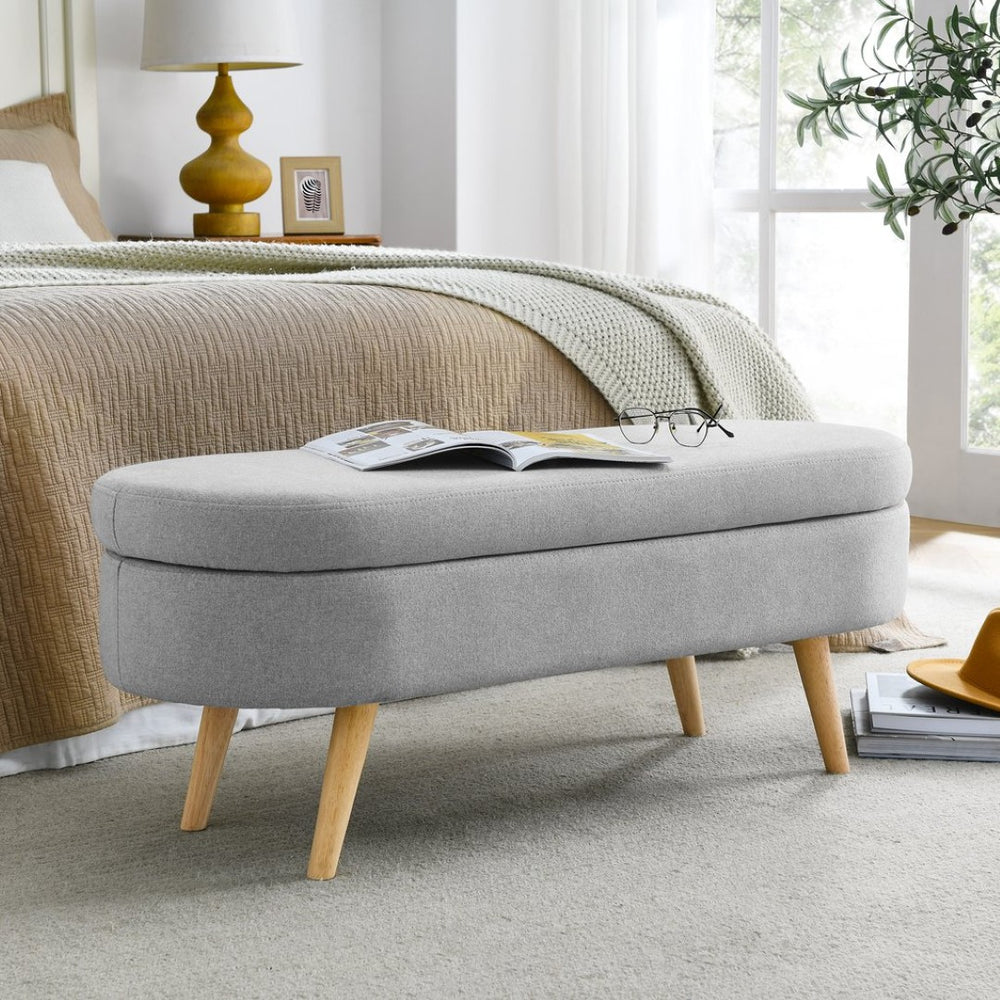English Elm Ottoman Oval Lift Top Storage Bench Pleated Linen Upholstery Rubberwood Legs Bedroom W48764884