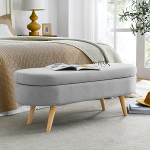 English Elm Ottoman Oval Lift Top Storage Bench Pleated Linen Upholstery Rubberwood Legs Bedroom W48764884