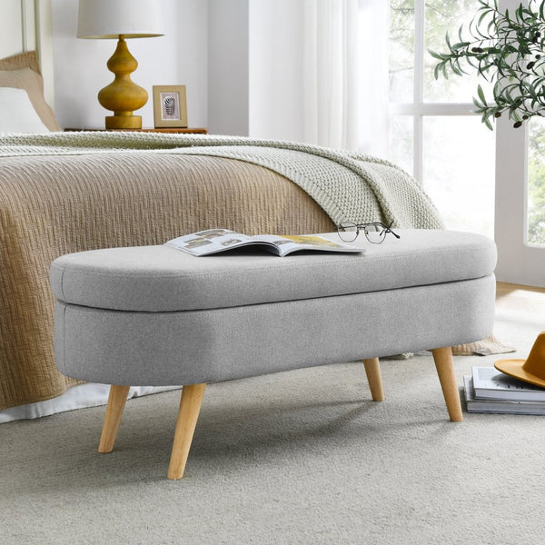 English Elm Ottoman Oval Lift Top Storage Bench Pleated Linen Upholstery Rubberwood Legs Bedroom W48764884