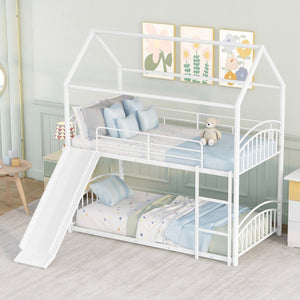 English Elm Twin Over Kids House Bunk Bed with Slide Powder Coated Metal Frame White MF313919AAK