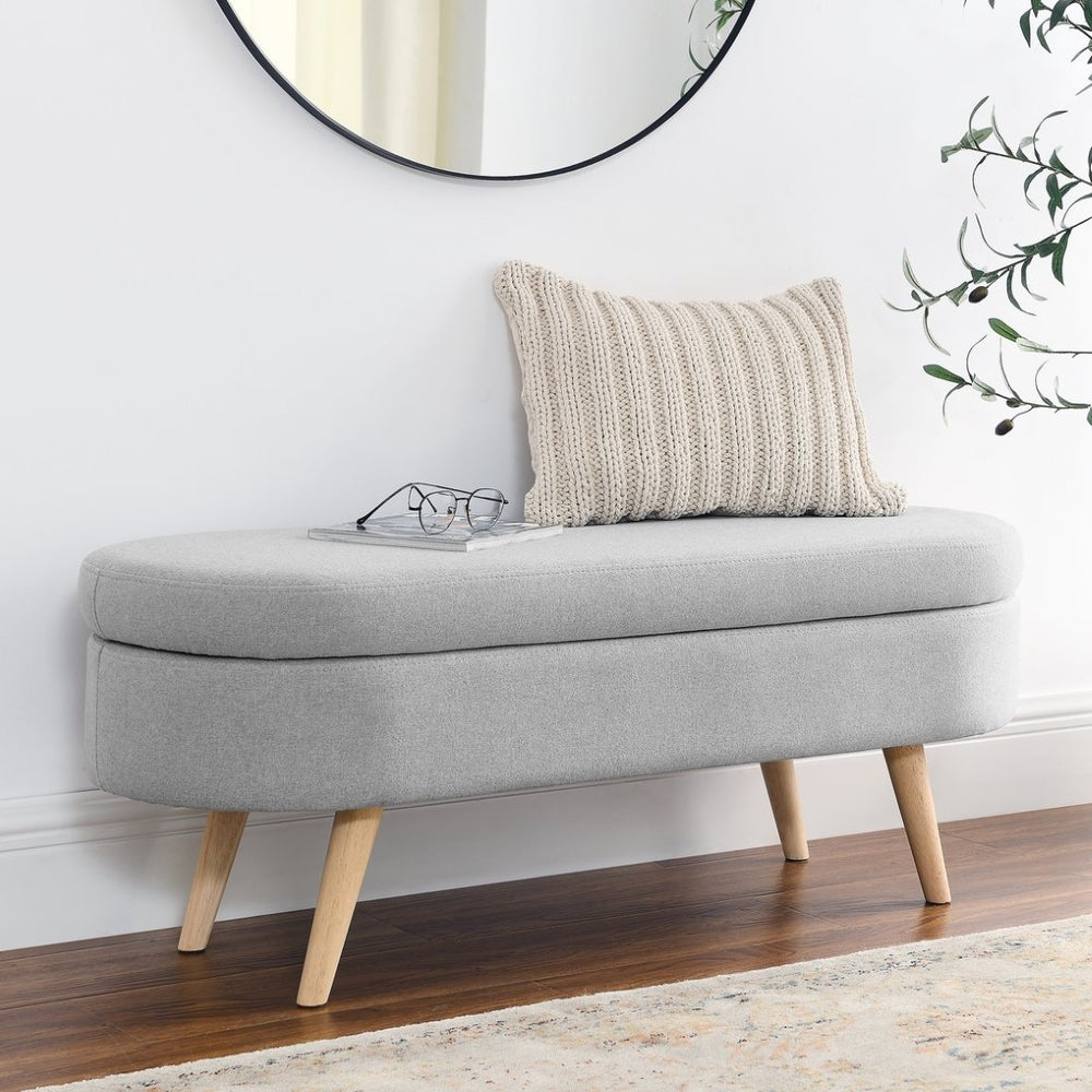 English Elm Ottoman Oval Lift Top Storage Bench Pleated Linen Upholstery Rubberwood Legs Bedroom W48764884