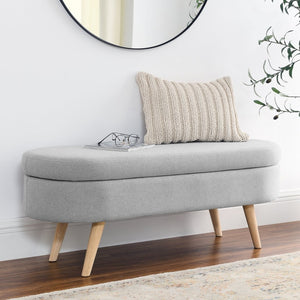 English Elm Ottoman Oval Lift Top Storage Bench Pleated Linen Upholstery Rubberwood Legs Bedroom W48764884
