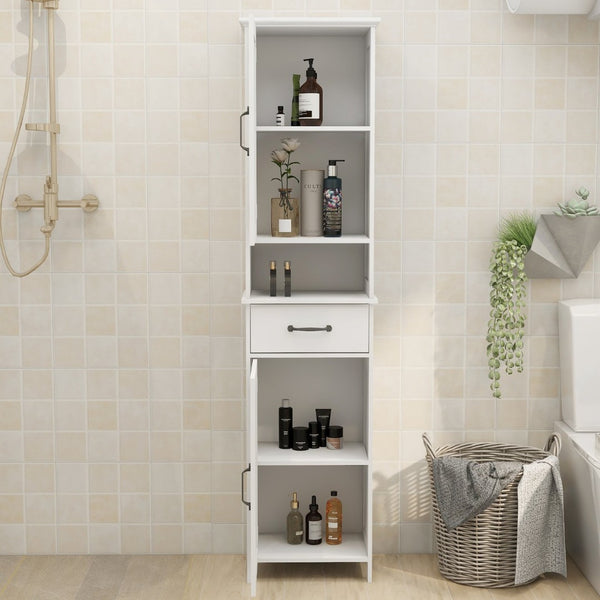English Elm Double Door Slim Floor Cabinet Carved Detail Mdf Build for Bathroom or Entryway W28263146